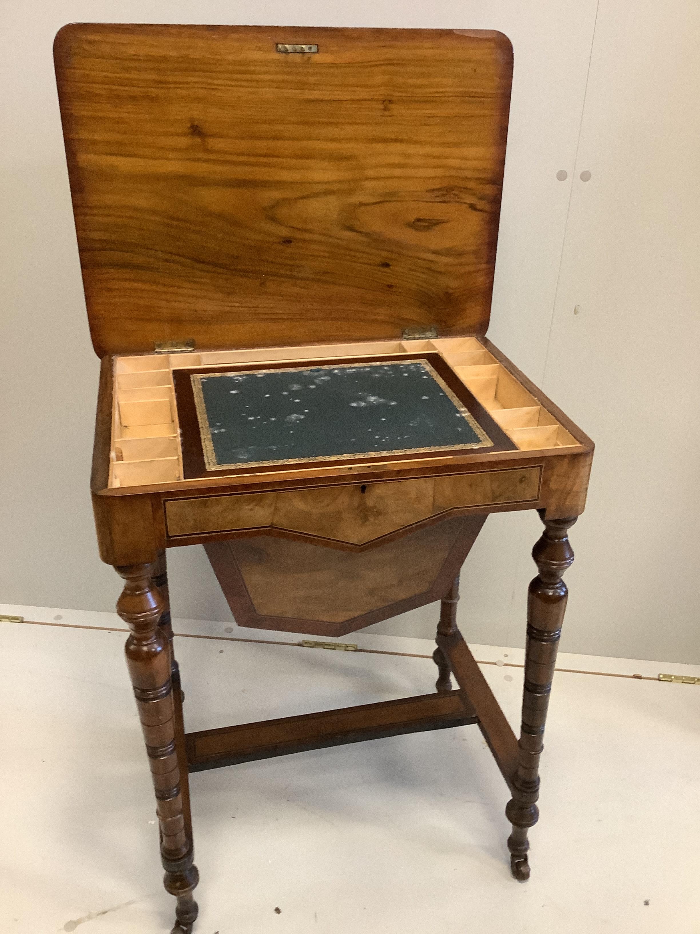 A late Victorian amboyna banded rectangular walnut writing/work table, width 56cm, depth 40cm, height 71cm